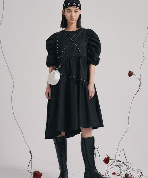 Studded Puff Sleeve Flare Dress